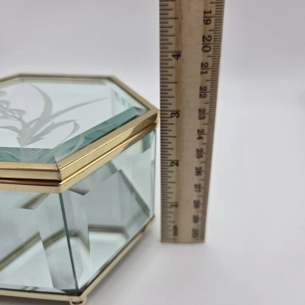 Vintage Hexagonal Floral Etched Glass Mirrored Jewelry Trinket Box